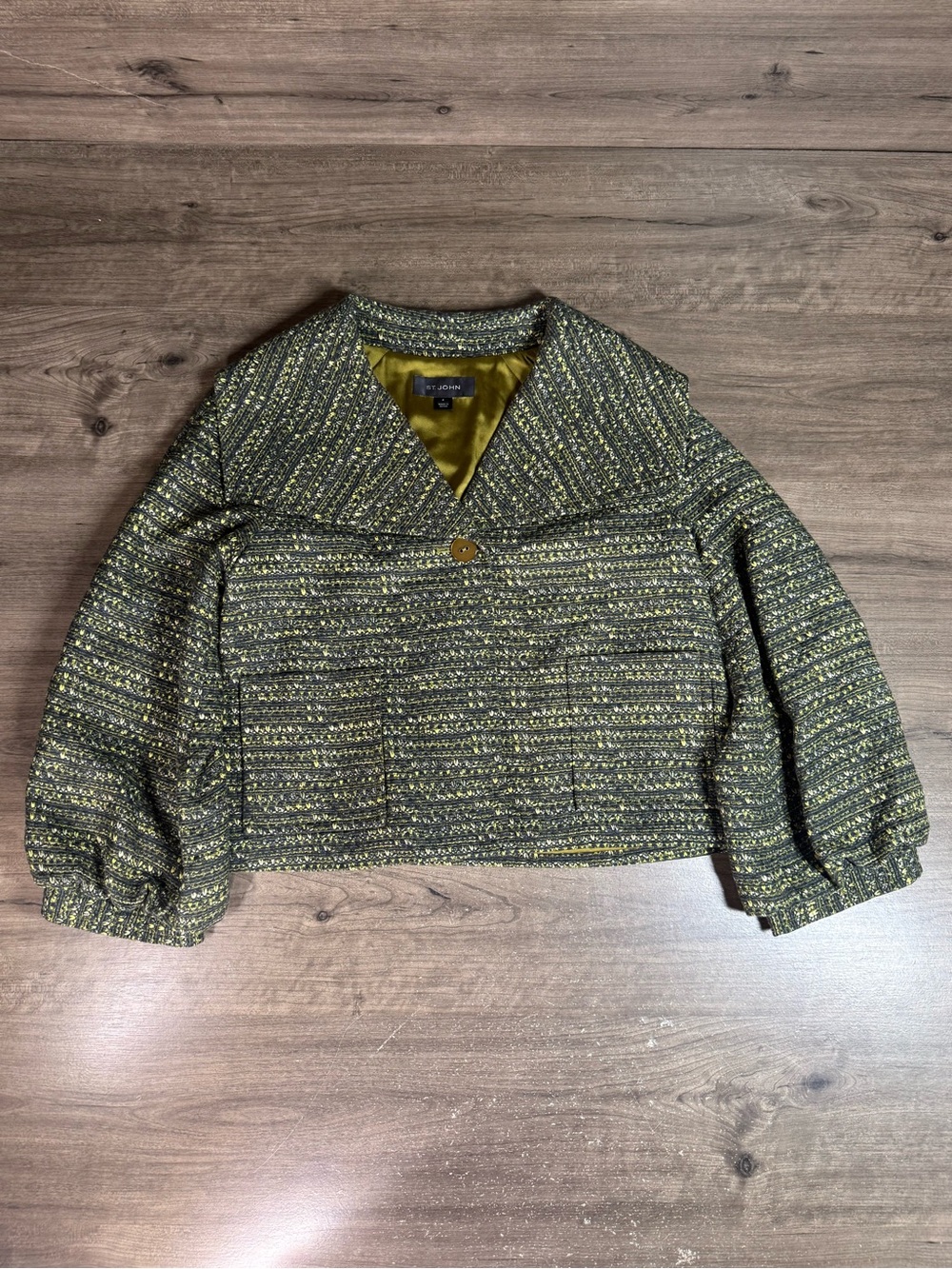 St John Womens 4 Cotton Silk Tweed Cropped Jacket Green Black Silk Lined